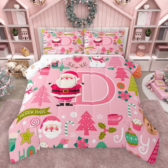 Castle Fairy Personalized Initial D Bedding Comforter Set 2pcs for Boys Girls,Cartoon Santa Claus Deer Twin Comforter Sets Microfiber,Merry Christmas Breathable Bedding Set,Super Cozy Room Decor