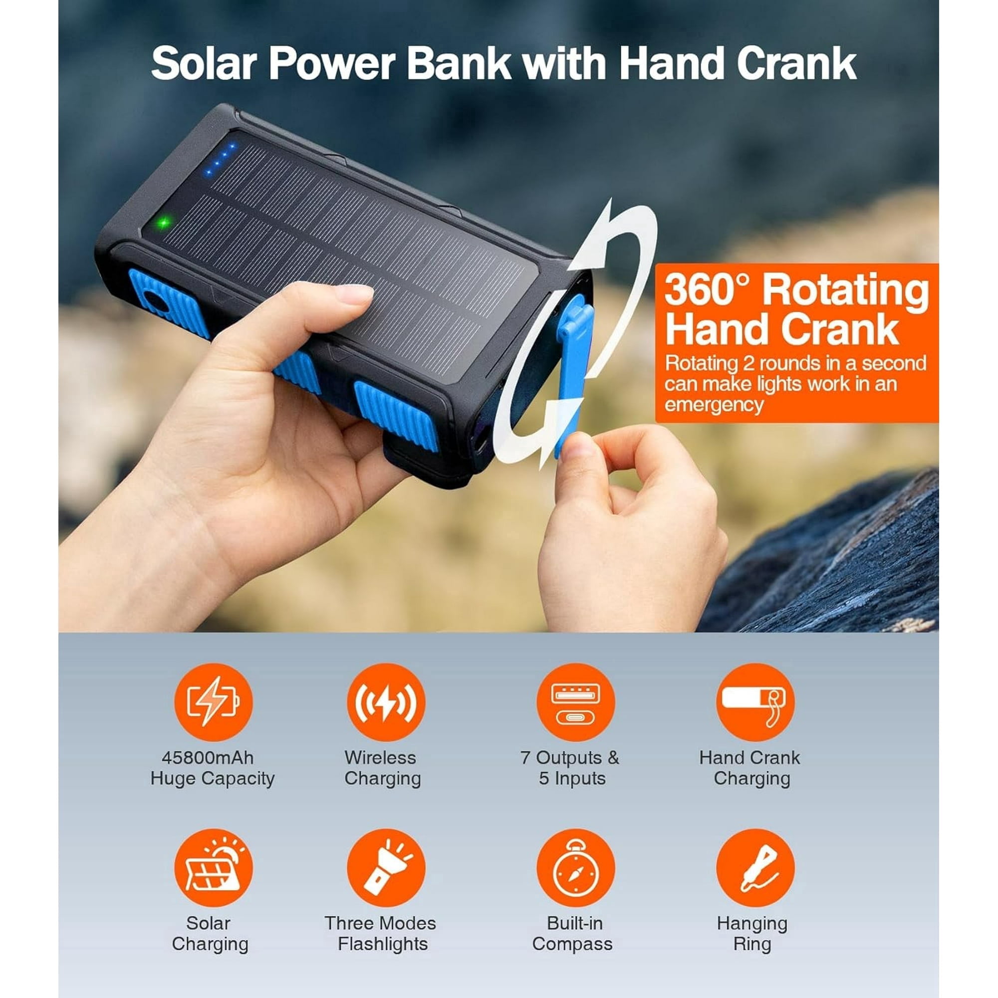 45800mAh Solar Power Bank 15W with Hand Crank & Cables & Wireless Charger, Solar Charger Compatible for iPhone, Android Phone