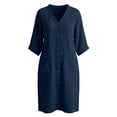 thumbnail image 7 of Zynoxe Womens Cotton Linen Dresses Summer V-neck 3/4 length sleeve Button Down Midi Dresses Lounge Peasant Gauze Business Work Dresses with Pockets Navy 2XL, 7 of 7