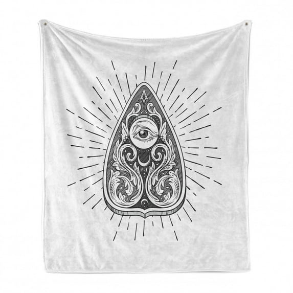 Ouija Board Soft Flannel Fleece Blanket, Hand Drawn Hatched Sketch of Oriental Motifs and Eye in the Middle, Cozy Plush for Indoor and Outdoor Use, 70" x 90", Charcoal Grey and White, by Ambesonne
