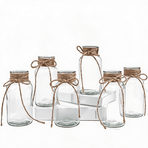 6 Pack Vintage Glass Vases for Centerpieces (6.7" / 17oz), Clear Cylinder Vases with Rope for Flowers, Farmhouse Wedding Table Decor