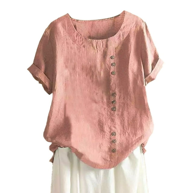 HUANBAI Women's Solid Color Round Neck Raglan Sleeve Hem Slit Loose Short Sleeve Button Decoration Casual Tops T Shirt