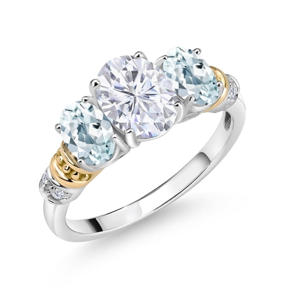 Gem Stone King 925 Sterling Silver and 10K Yellow Gold Oval White Moissanite Sky Blue Aquamarine and White Diamond 3 Stone Ring for Women (2.53 Cttw, Gemstone Birthstone, Size 8)