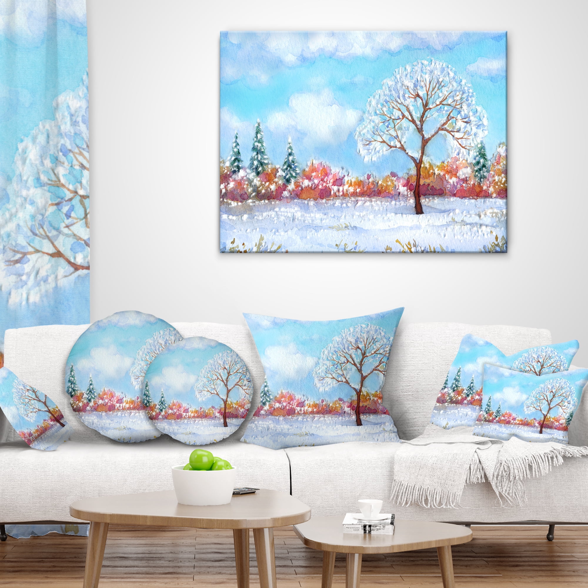 Designart Tree in Winter - Watercolor Painting Landscape Printed Throw Pillow - 16x16