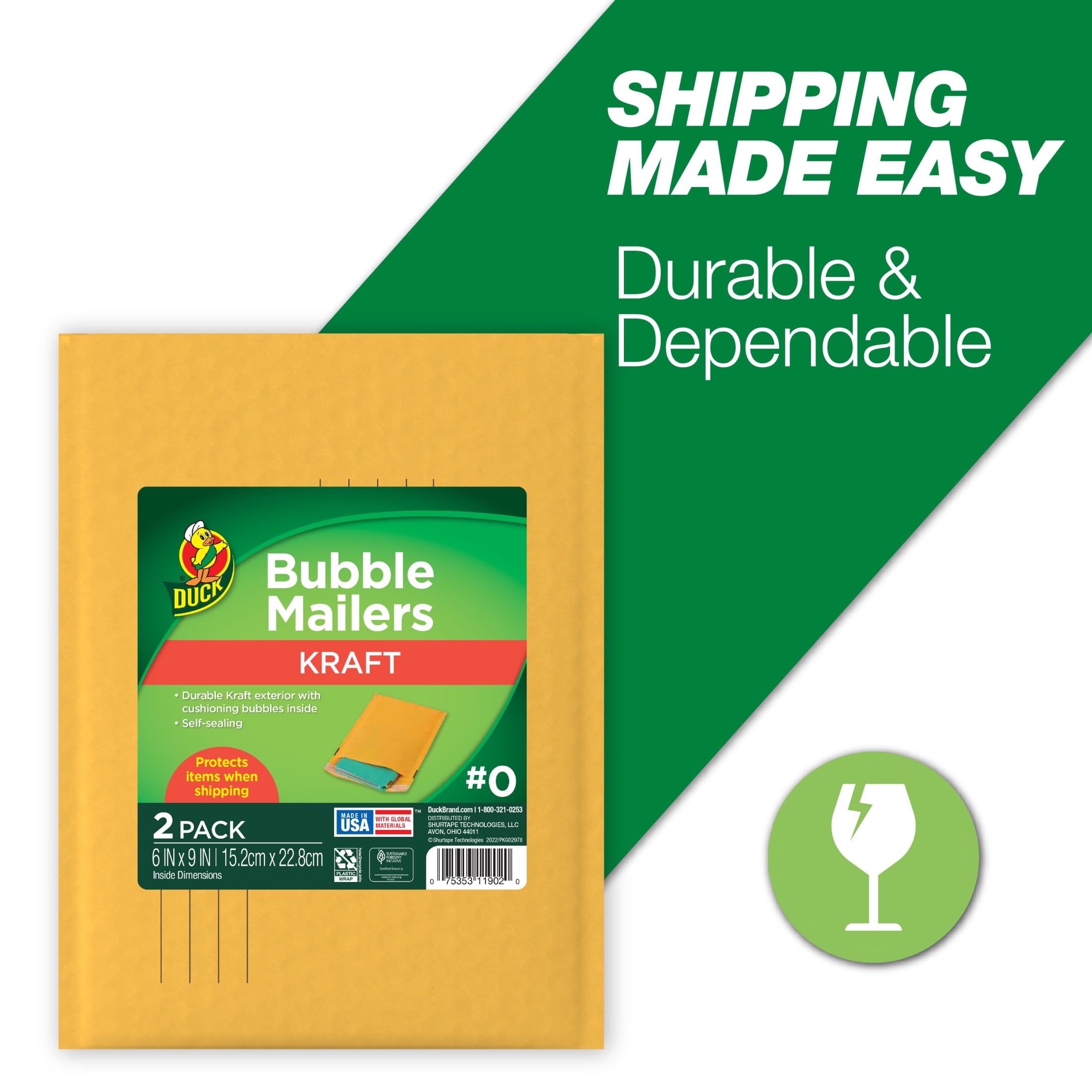 (2 pack) Duck Self-Seal Kraft Bubble Mailer #0, 6" x 9", Solid Print, 2 Pack
