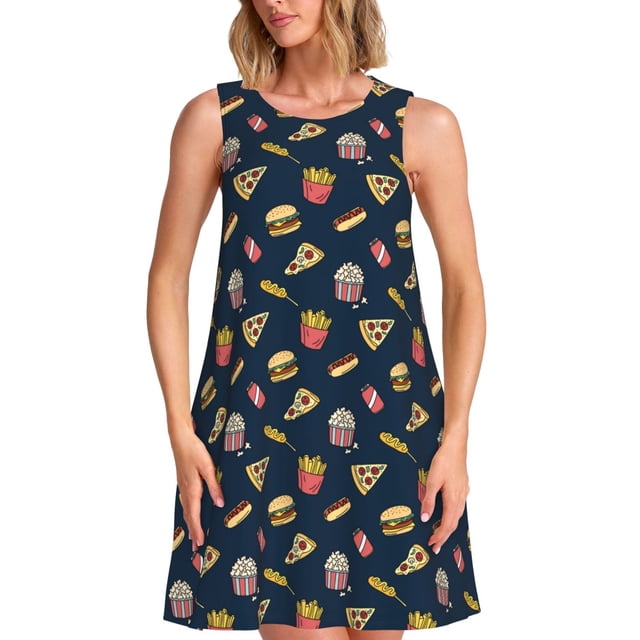 Vsdgher Robes d'Été Imprimé Fastfood pour Femmes Robe de Plage Décontractée Col en U Sans Manches Robe d'Été Ample avec Poche