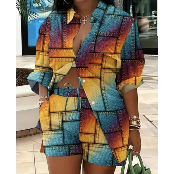 AURA Womens Plus Size Printed Two Piece Set Long Sleeve Top and Shorts Outfit Casual Commuter Bigsize Set