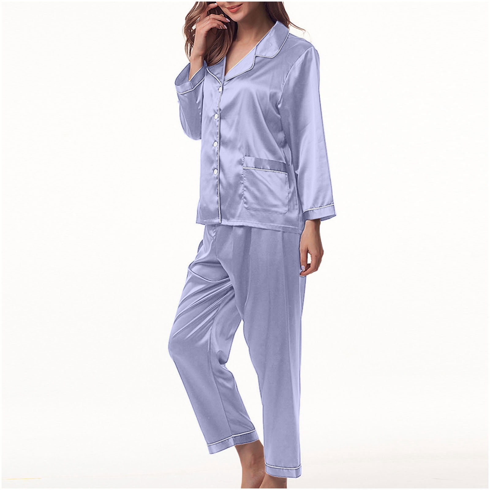 BONIXOOM Womens Pajamas Thanksgiving Pajamas Sleepwear None Long Sleeve Sleepwear Sets Solid Light Blue M