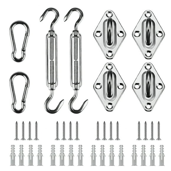 Graflsoa Premium 304 Stainless Steel Shade Sail Hardware Kit with 2 M6 Snap Hooks, 2 Turnbuckles, 4 D-Rings, and 32 Mounting Accessories for Outdoor Use