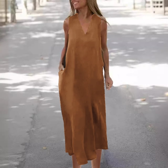 Gspmoly Robes d'Été, Robe Débardeur Sans Manches de Plage Printemps/été pour Femmes, Robe en Lin Col en V Ample Unie, Robes Cocktail en Solde