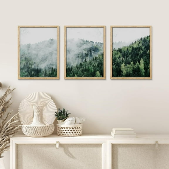 PixonSign Framed Canvas Print Wall Art Set - Mist Over Pine Tree Forest Mountain Art - Set of 3 Nature Wilderness Landscape Artwork Modern Art Rustic Wall Décor -12"x16"x3 Panels Natural