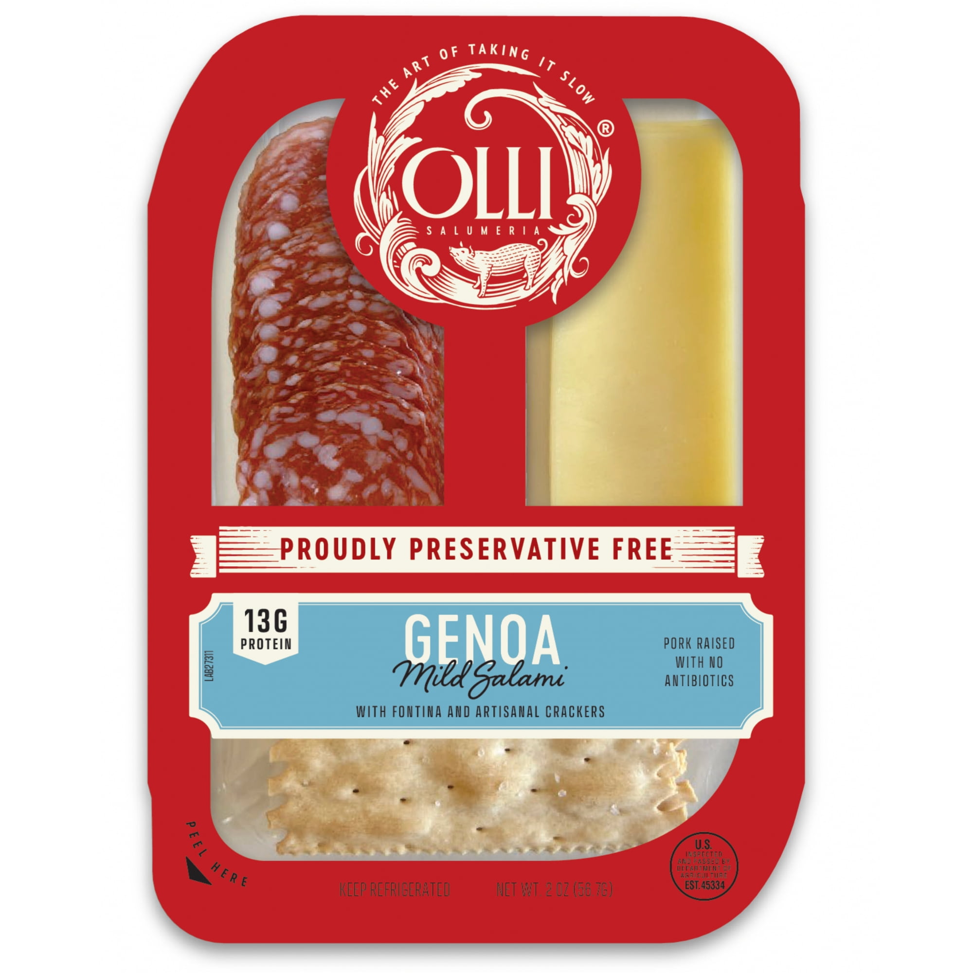 Olli Salumeria ready-to-eat Refrigerated Snack Pack with Genoa Salami, Fontina Cheese and Artisanal Crackers