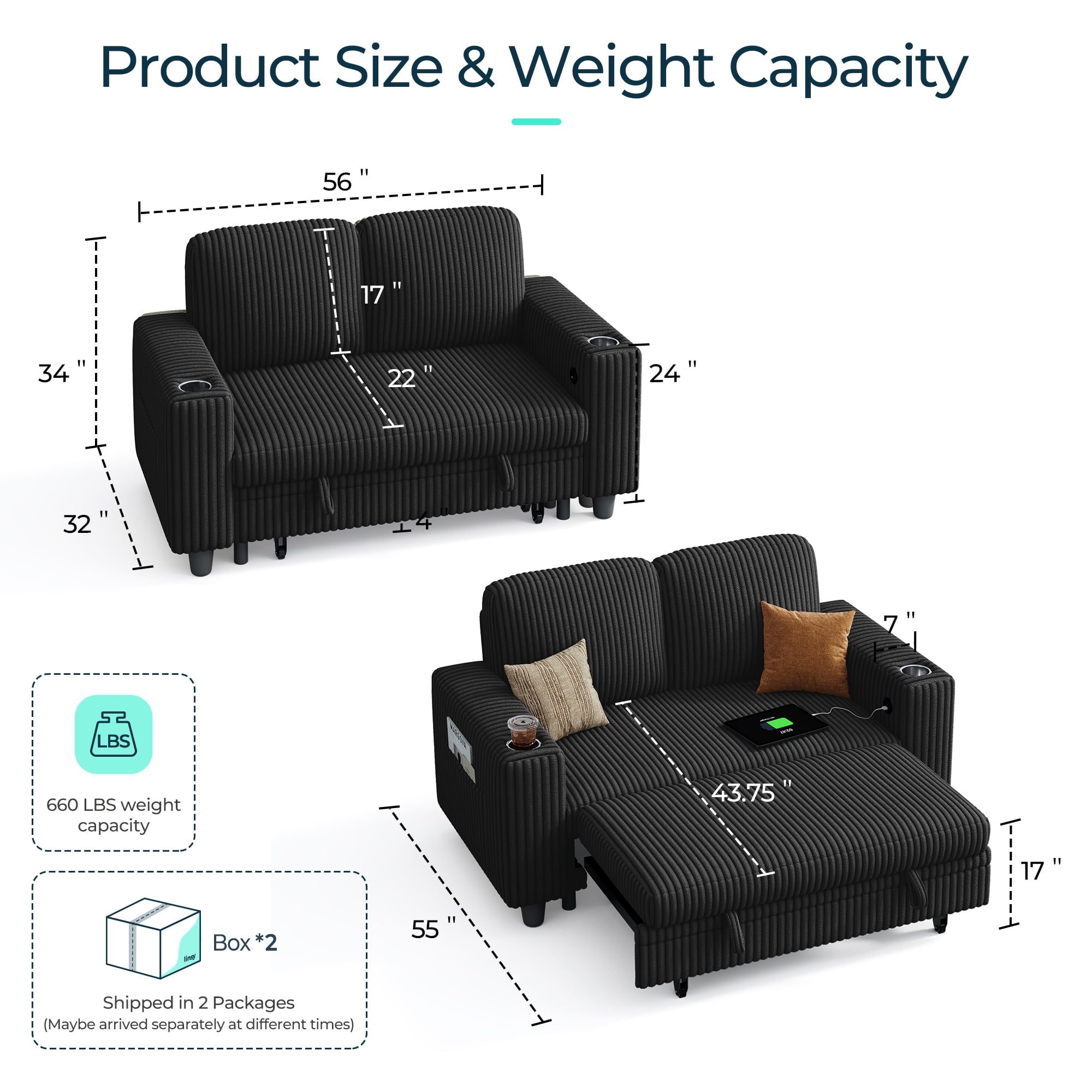 LINSY HOME Pull Out Couch Chaise Lounge for Living Room, Convertible Loveseat Sofa Couch With Usb & Cup Holder, Black