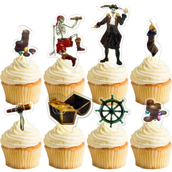 Cheerland Skull Cupcake Topper for Halloween Caribbean Pirate Cake Decorations, 24 pcs