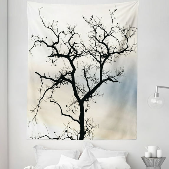 Forest Tapestry, Fall Tree Black Branches Art Print Black and White Themed Silhouette Illustration, Fabric Wall Hanging Decor for Bedroom Living Room Dorm, 5 Sizes, Grey Black, by Ambesonne