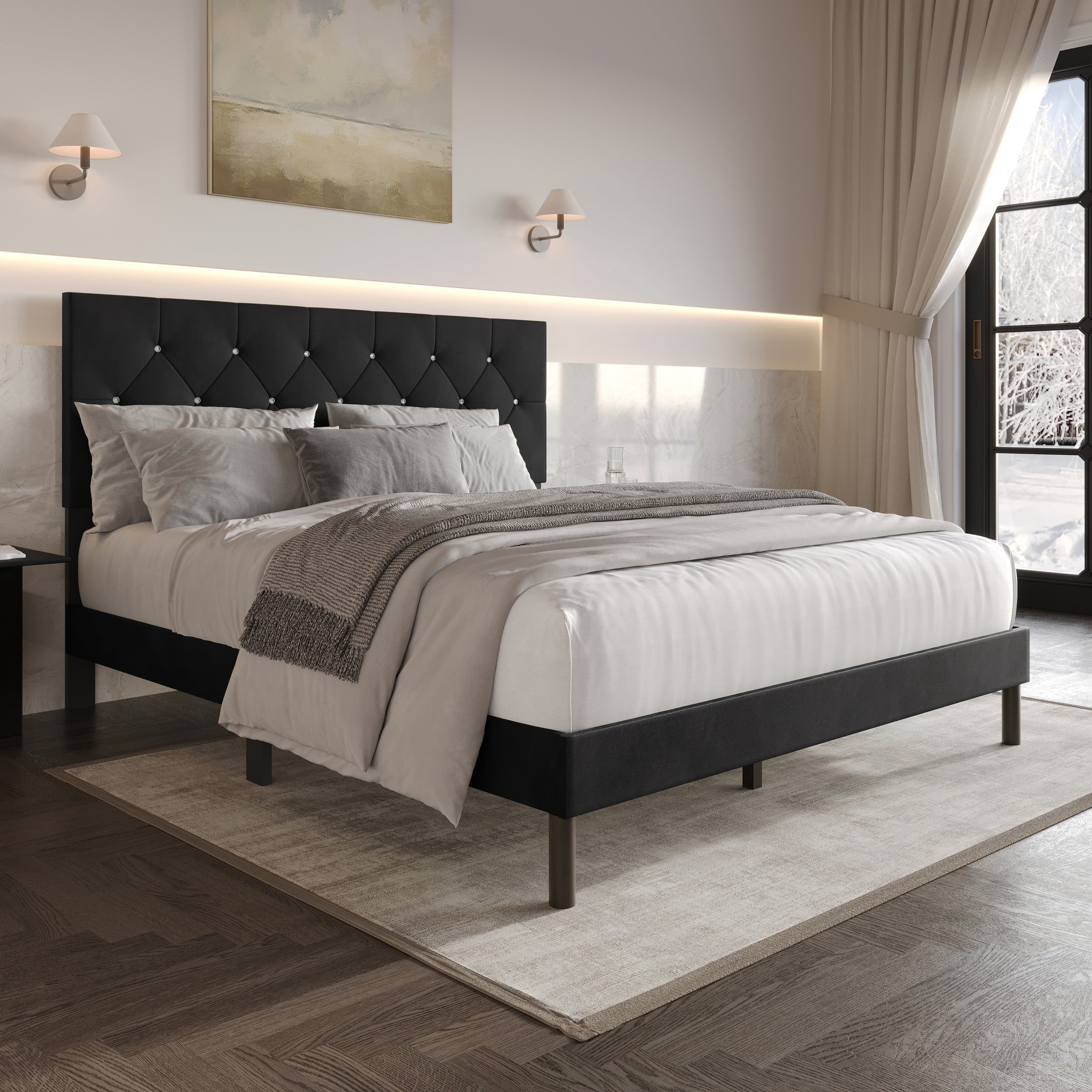 Home Design Groton King Tufted Velvet Upholstered Panel Bed Frame with Button-Tufted Headboard & Wingback Design, Black, Easy Assembly