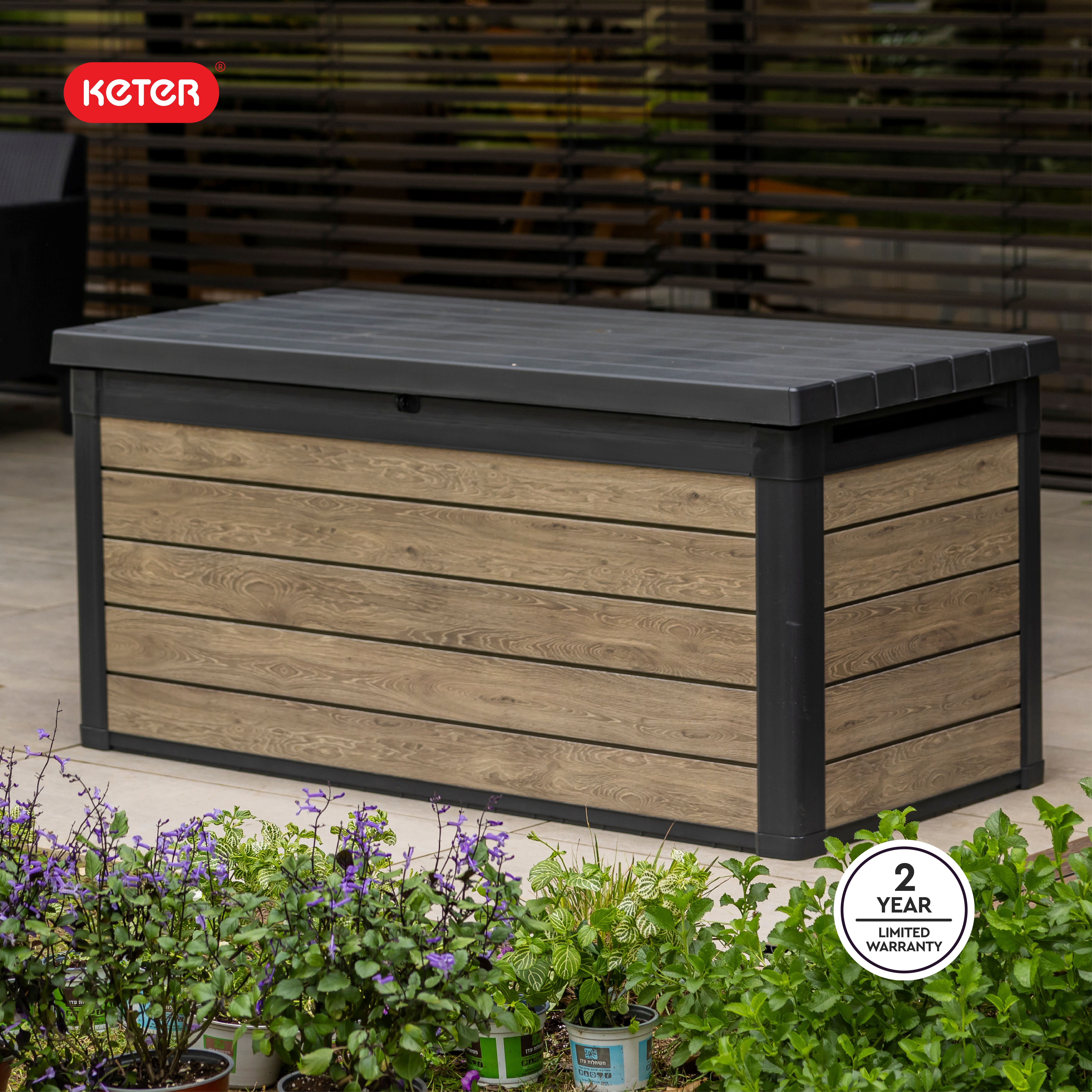 Keter Eastwood 150 Gallon Durable Resin Outdoor Deck Box Storage Organization, Ashwood