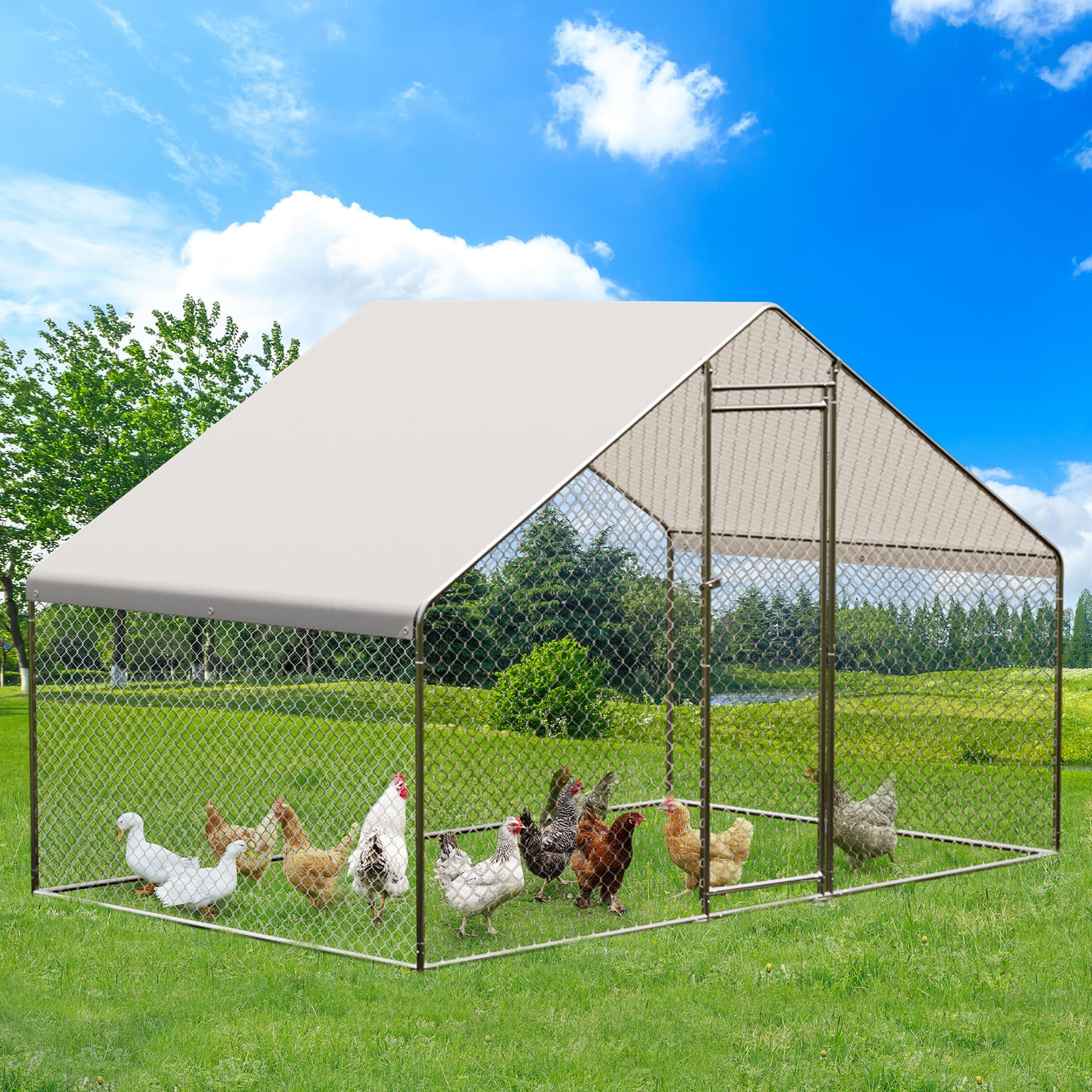 Litake Large Chicken Coop, Walk-in Poultry Cage, Metal Chicken Coop with Waterproof and Anti-Ultraviolet Cover, for Outdoor Yard Farm Use