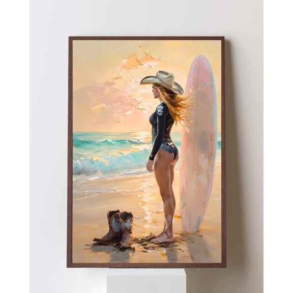 Coastal Cowgirl Wall Art, Surfing Art Poster For Beachy Room Decor, Surfer Girl Beach House Poster With Pink Surfboard, Western Beach Décor, Unframed Poster Size 8x12