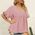 thumbnail image 2 of Defitshape Women's V Neck Blouse Ruffle Shirt Bell Sleeve Top Summer Soft Short Sleeve Date Night Fall Loose Pink Large, 2 of 4