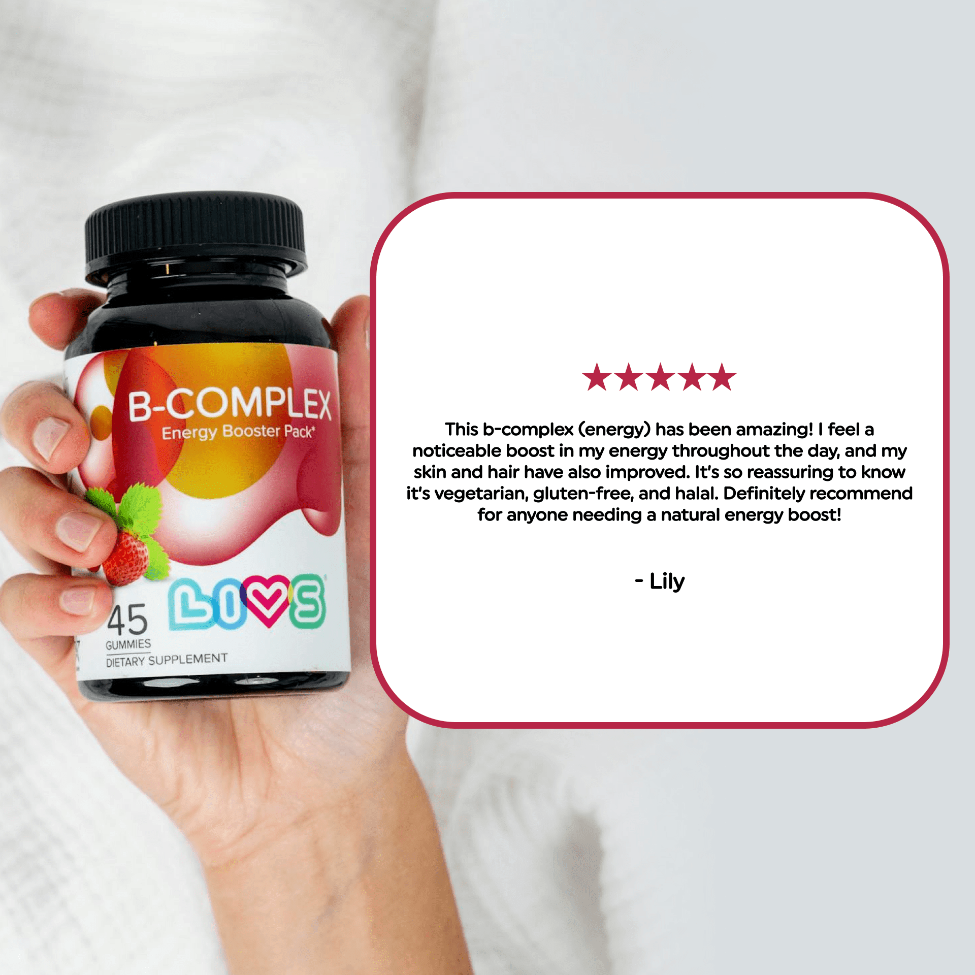 LIVS Vitamin B Complex Gummies with B12, Biotin, B3, B6 & Vitamin C for Kids & Adults | Energy, Support & Recovery Supplement | Promotes Mood, Metabolism & Nerve Function | Strawberry Flavor – 90 Ct