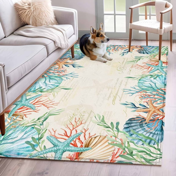Area Rug for Living Room, Beige Coastal Non-Slip Indoor Large Carpet for Bedroom/Dining Room, Summer Nautical Beach Coral Starfish Washable Low-Profile Rectangle Floor Mat Runner Rugs - 2.7 x 5 Ft