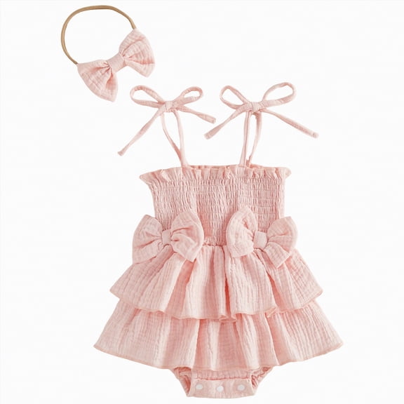 CAICJ98 Newborn Baby Girl Romper Dress Summer Clothes Boho Photoshoot Bubble Sleeveless Outfits Infant Bow Tie Ruffle Romper Dress with Headband (Pink,12-18 Months)
