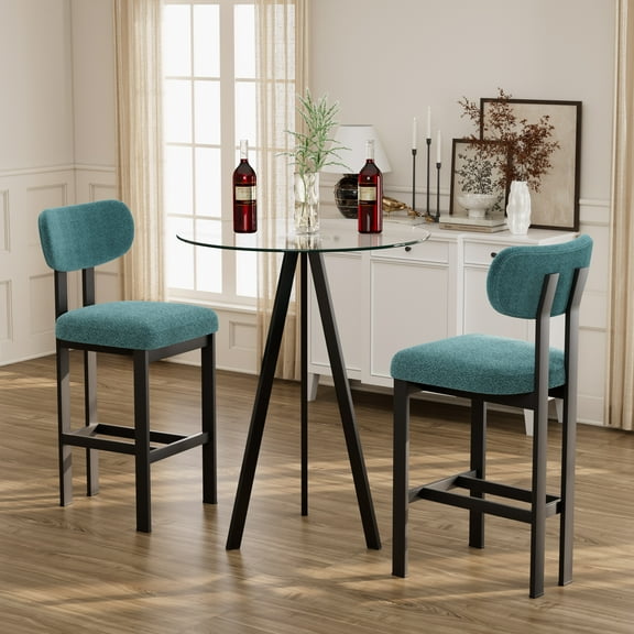 KATBOC Bar Set, 26 Counter Height Bar Stools Set of 2 & 31.5in Glass Bar Table, Modern Upholstered Fabric Stools, for Kitchen Island, Bar, Dining Room, BlackGreen