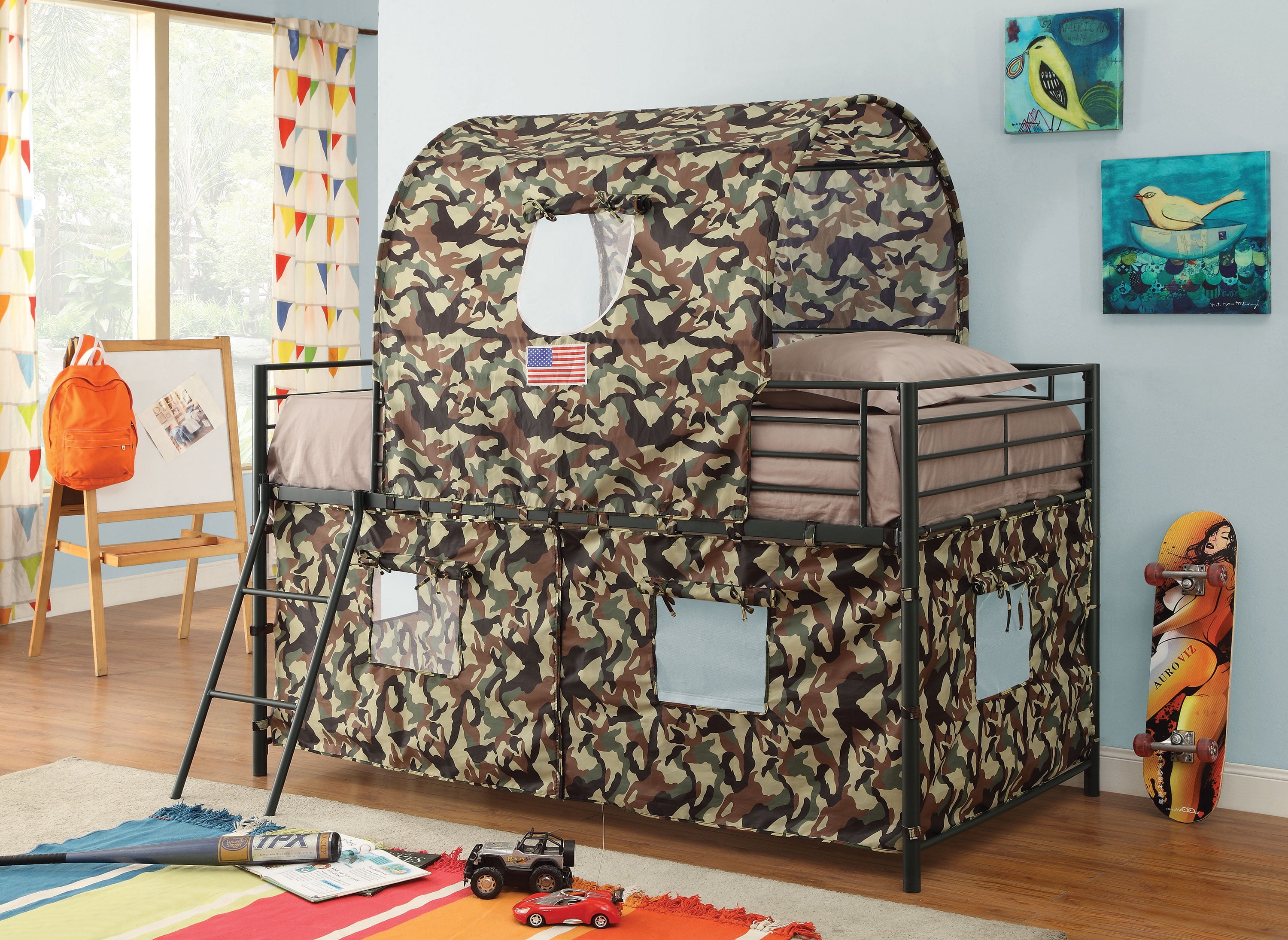 Youth Boys Kids Twin Loft Bed With Army, Hunting Bunk Beds