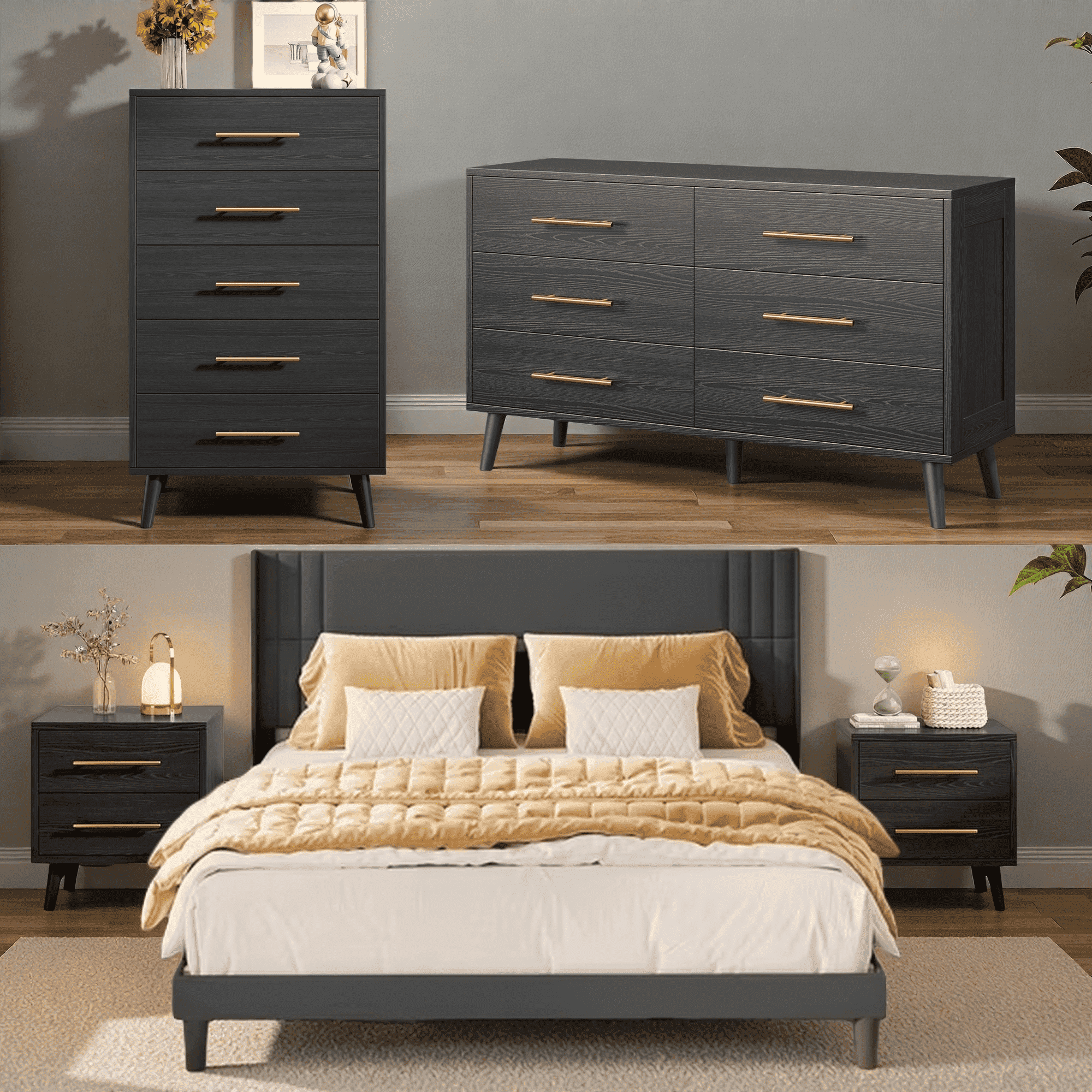 grey bed and black dresser Furniture of America Merro Modern 4-Piece Solid Wood Bedroom Set with Dresser and 2 Nightstands - Black/Grey