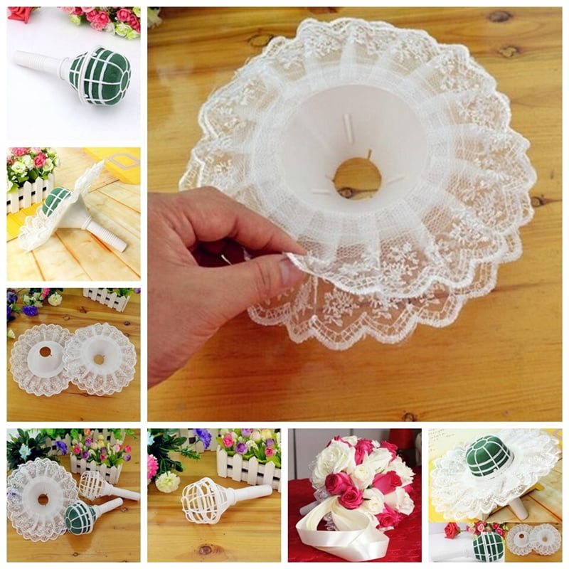 Foam Bouquet Handle Bridal Wedding Flower Holder Decoration With Lace Trim S`RU 