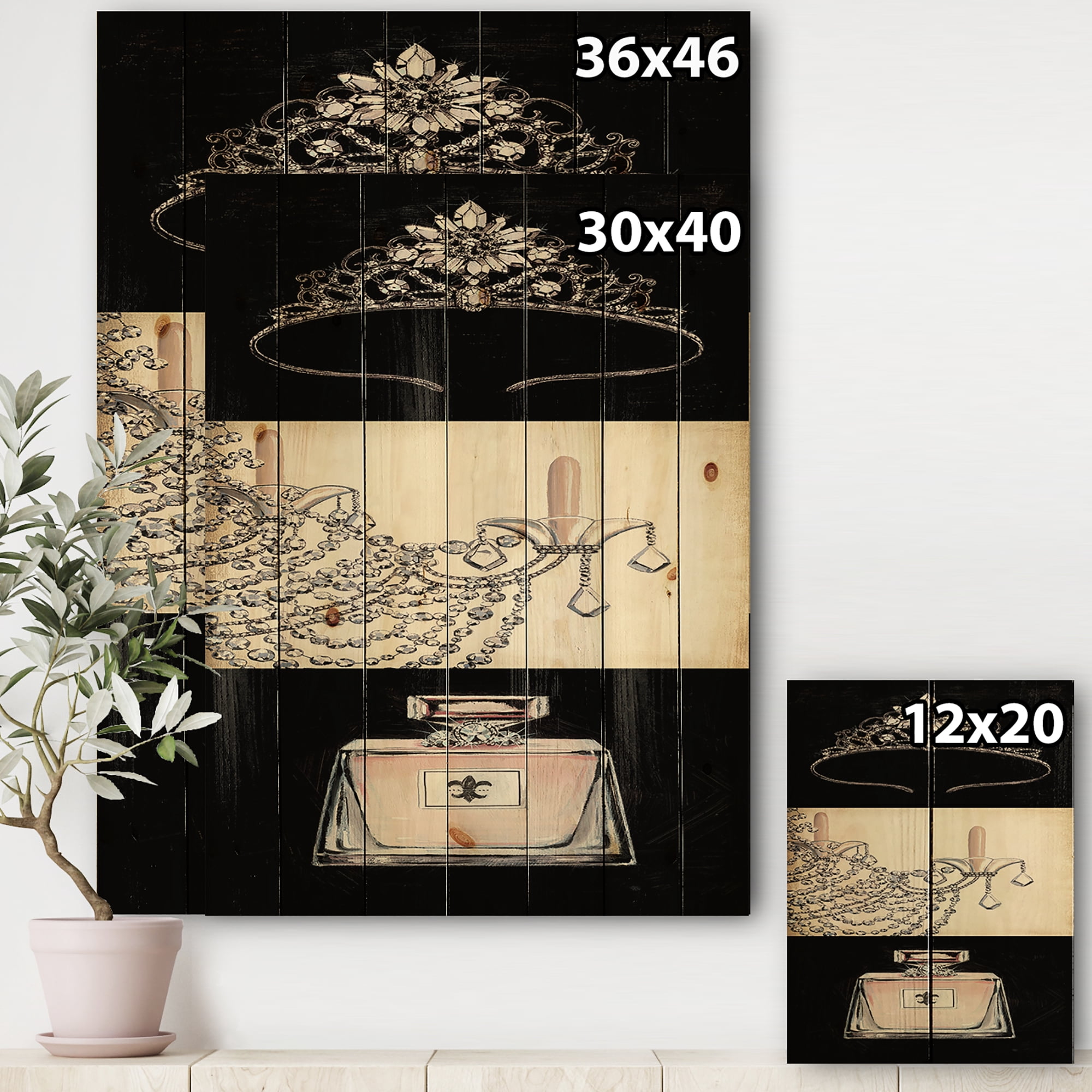 Designart 'Chandelier, Parfum and Glamorous Tiara' Fashion Print on Natural Pine Wood