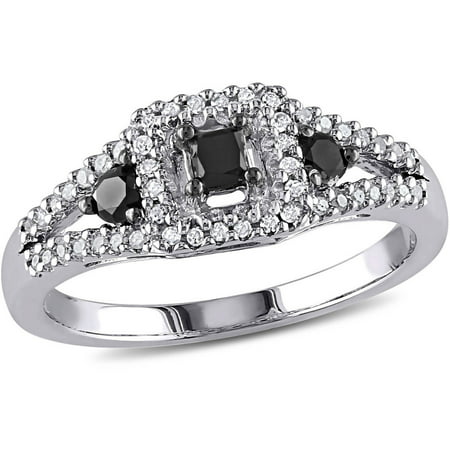 1/2 Carat T.W. Black and White Diamond Princess-Cut Sterling Silver Three Stone Halo Ring