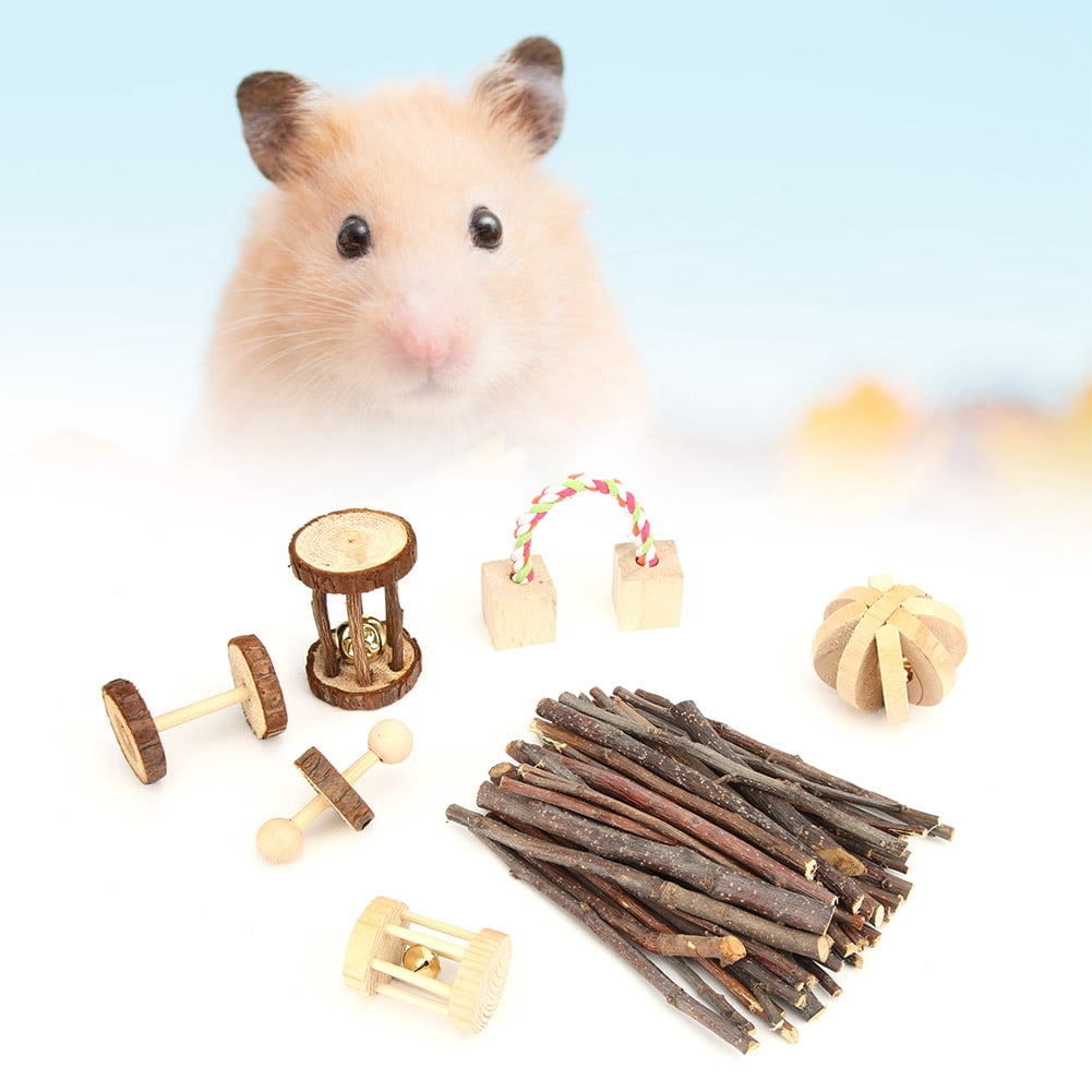 Yajisi 7-Piece Wooden Small Pet Chewing Playing Biting Toy Set for Hamsters, Chinchillas, Guinea Pigs and Rabbits - Play Activity Center, Natural Pine