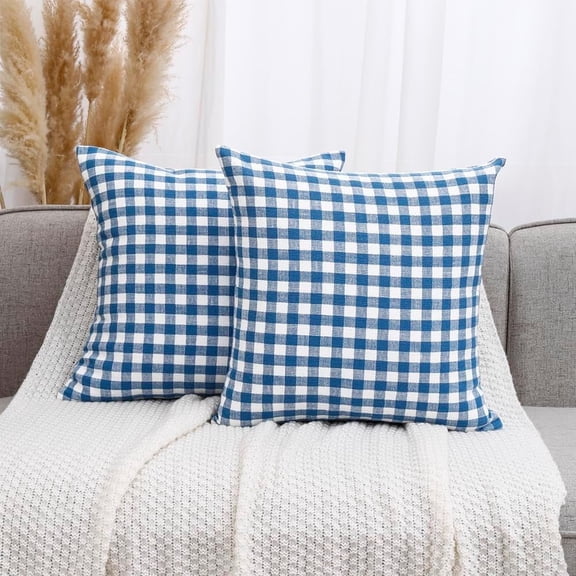 Farmhouse Checkered Light Blue Throw Pillow Covers 20x20 Set of 2, 20 x 20 Blue and White Buffalo Plaid Throw Pillows for Couch and Bed, Blue Outdoor Throw Pillows for Patio and Porch