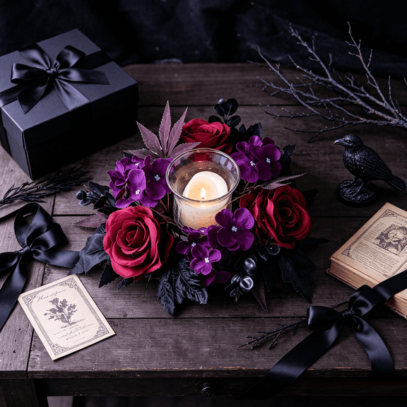 CSSJKYJ Halloween Candle Ring Artificial Flower Wreath Red Purple Floral Candle Holder 11” Tables Centerpieces Home Kitchen Farmhouse Decor