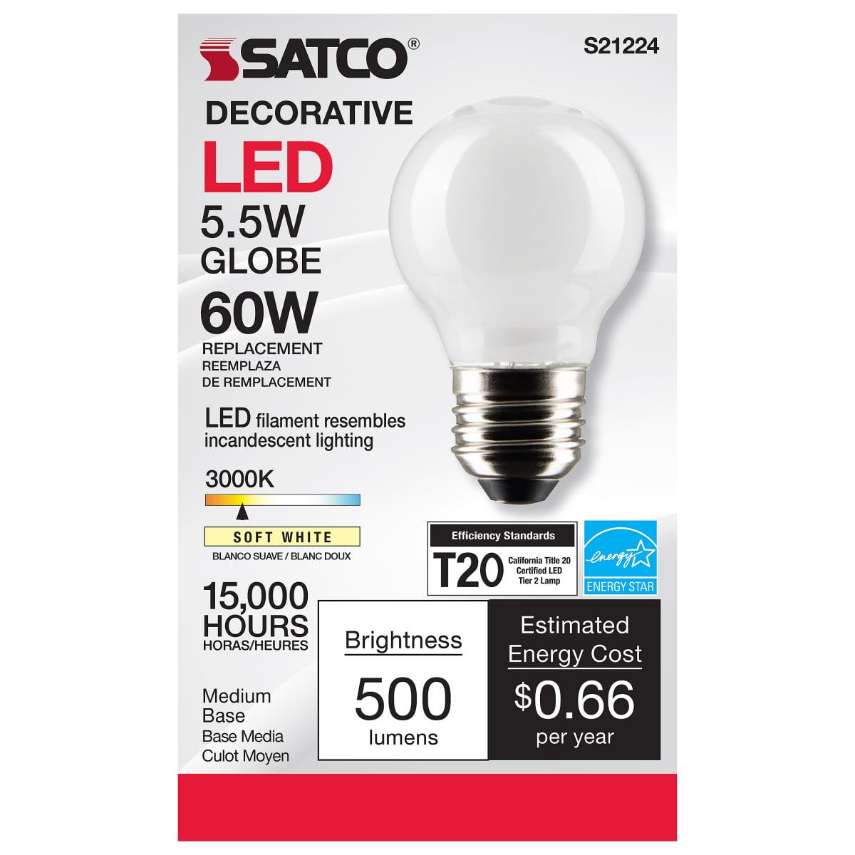 Satco S21224 G16.5 Globe LED Filament Light Bulbs 5.5W 120V 3000K 90+CRI E26 Medium Base Frosted Dimmable (6 Pack)