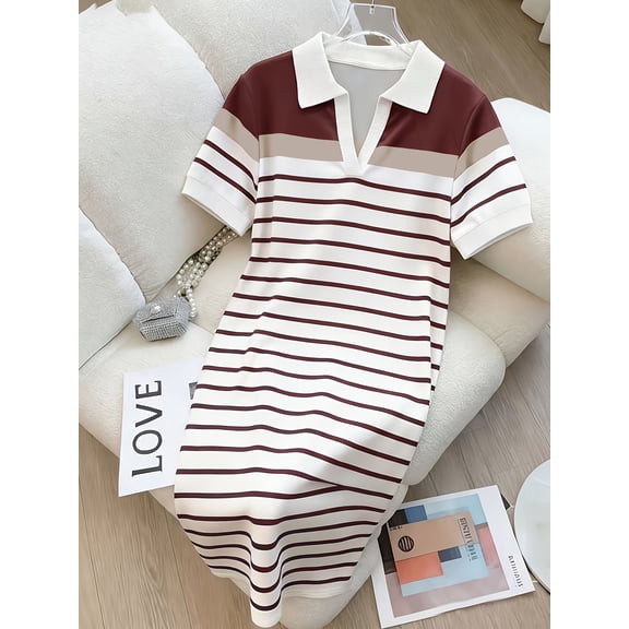 2026 new vintage Polo style women's long dress with red stripe and collar, suitable for casual and simple semi-formal occasions, ideal for daily wear