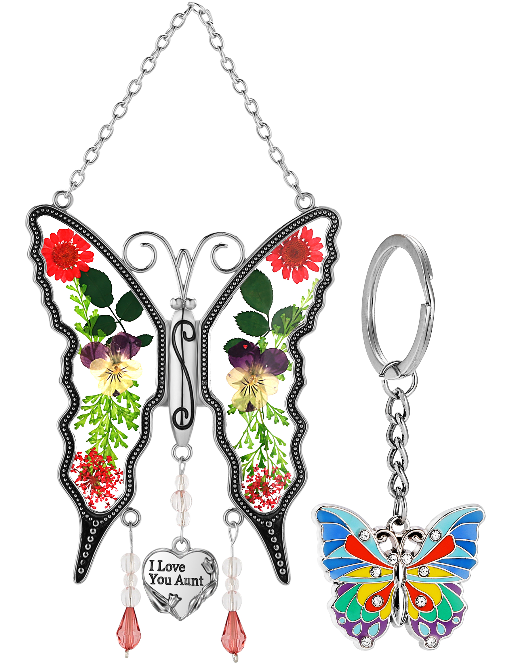 I Love You Aunt Butterfly Suncatchers& Blue Butterfly Keychain Silver Zircon & Stained glass and really flower material Color box packing Make Happy Mother's Day Gifts for Aunt Birthday Christmas