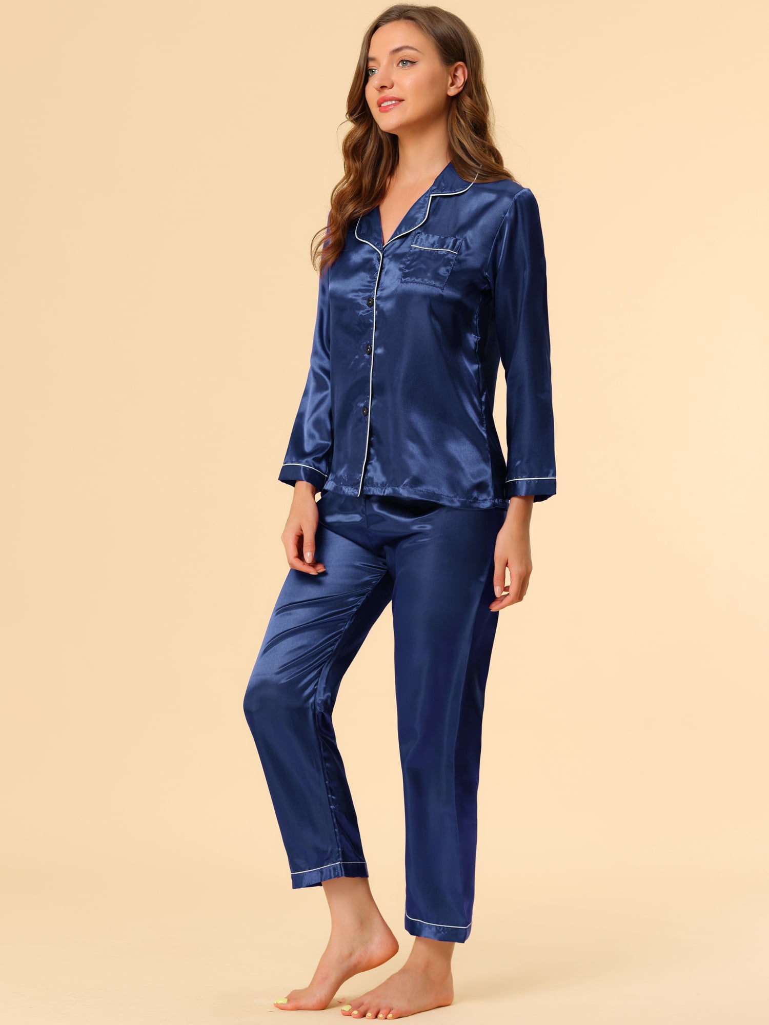 Unique Bargains Women's Satin 2pc Loungewear Button Down Silky Pajama Sleepwear Sets