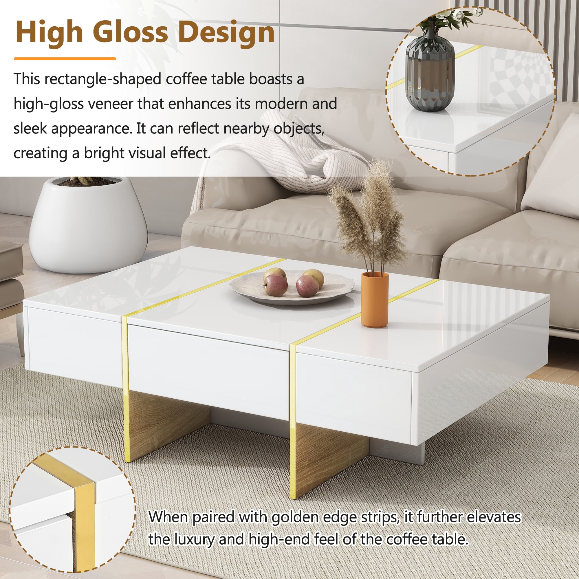 Euroco Modern Rectangle High-Gloss Coffee Table with Gold Trim and Hidden Storage Drawers, 47.2", MDF Finish
