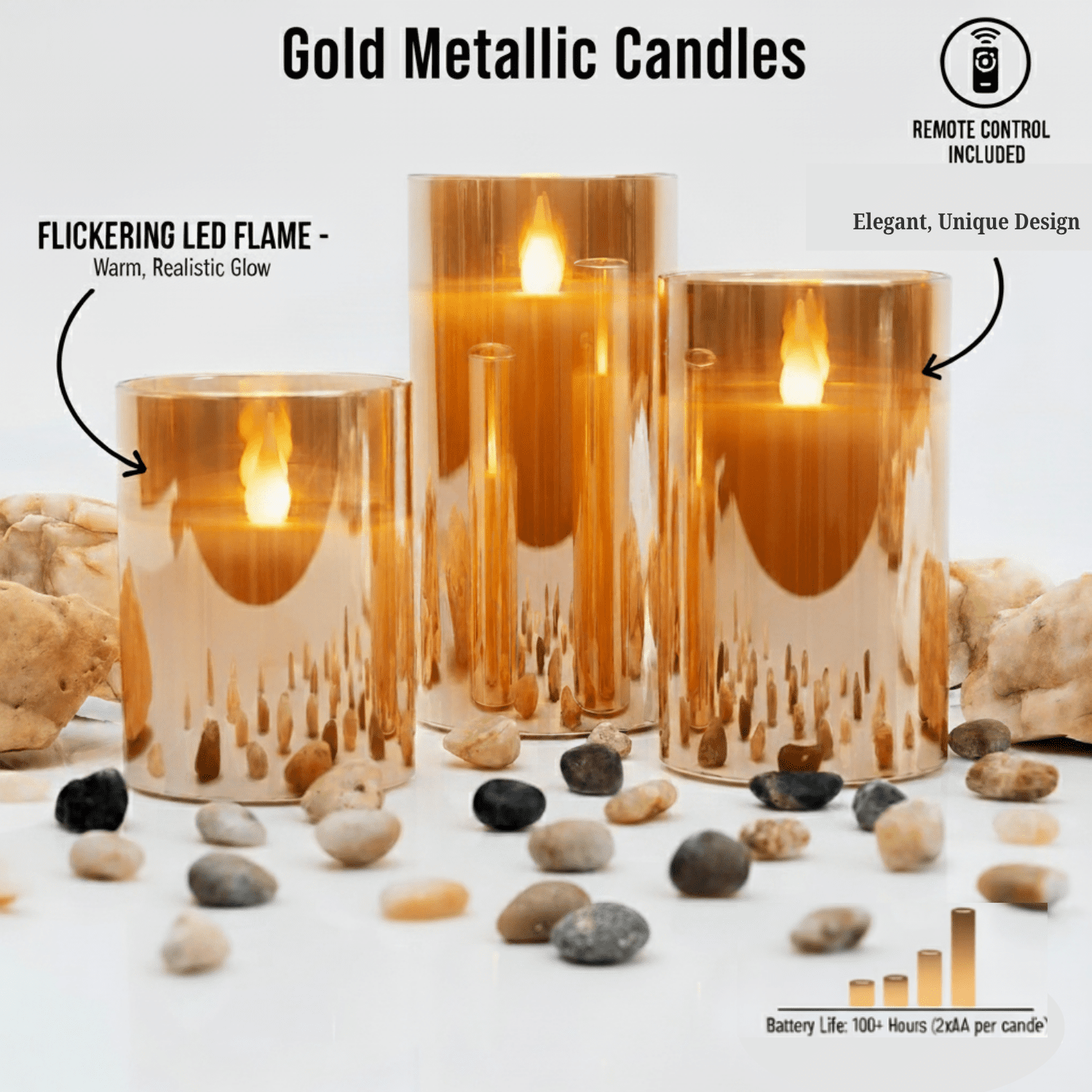 WYZworks LED Metallic Mirrored Tinted Gold Glass Flickering Dimmable Flameless Candles - Set of 3 with Remote Control