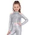 thumbnail image 5 of iiniim Girls Metallic Sequin Tassel Crop Top Cold Shoulder Cutout Back Long Sleeve Latin Jazz Dance Shirt Silver 10, 5 of 7