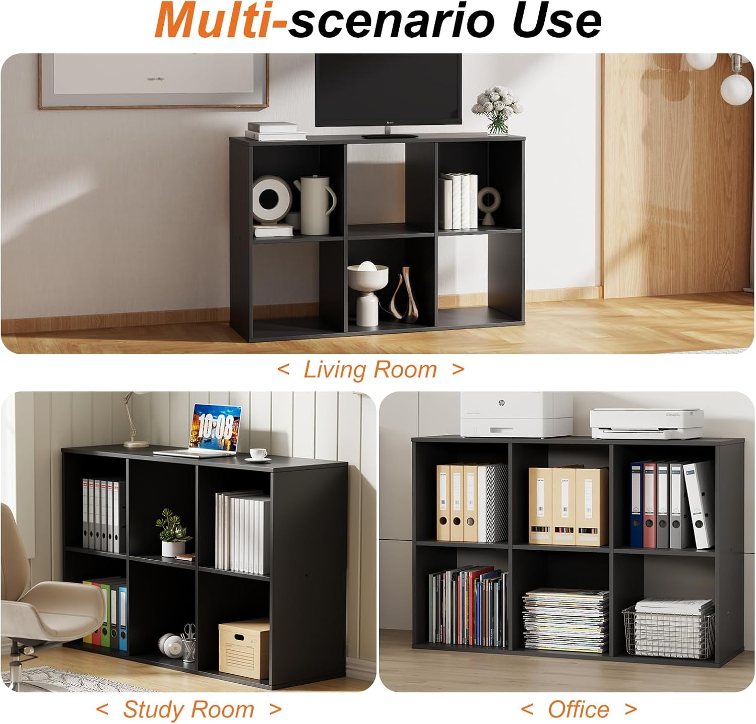 Black Cube Storage Unit, 3-tier Bookcase with 6 Cube Storage Unit, Open Display Bookcase with Removable Back Panels for Living Room, Home Office, Bedroom,