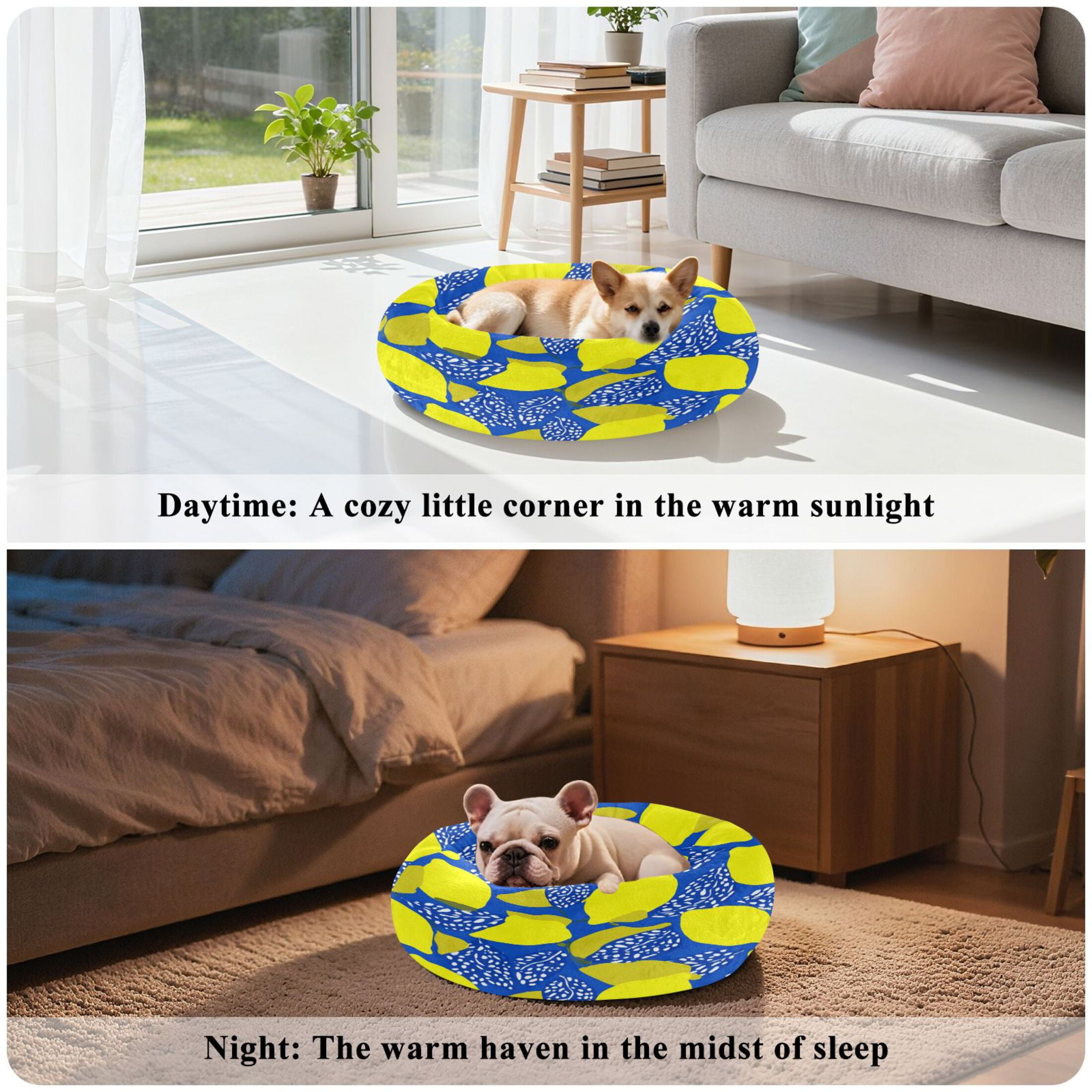 Iauyy Pet Couch Donut Cat Bed for Indoor Cats/Small Dogs Washable & Machine with Non-slip Bottom Calming Cat Furniture, Lemon Leaves (M)