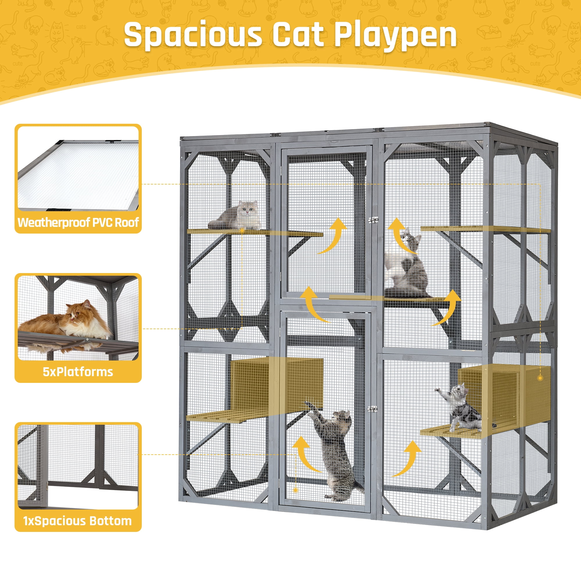 Outdoor Cat Enclosure with Weatherproof PVC Roof 72" Height Cat Wooden House Large Cat Catio