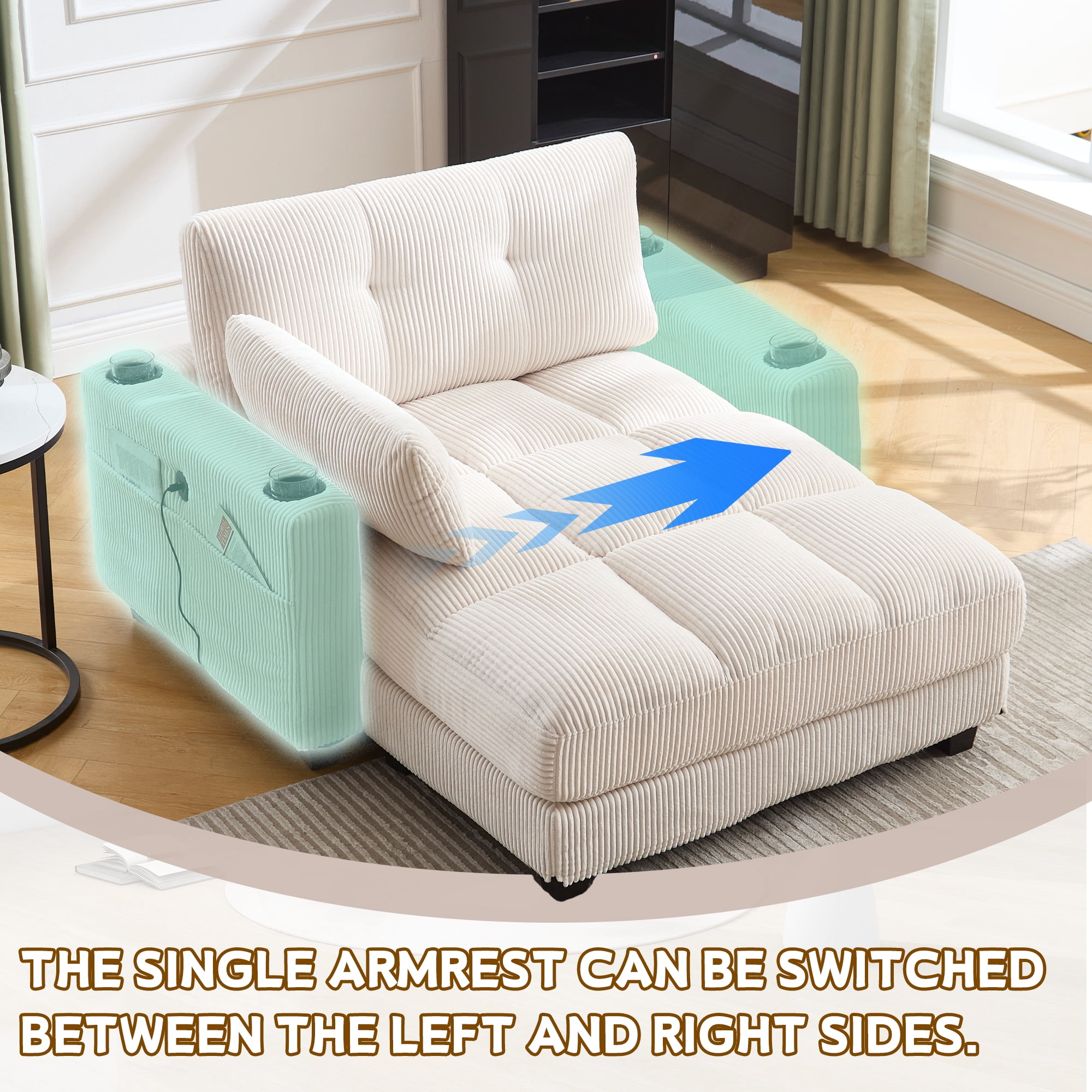 MOONMISS Corduroy Upholstered Soft Deep Seat Sleeper Sofa with USB,TYPE-C&2 Cup Holders-Beige