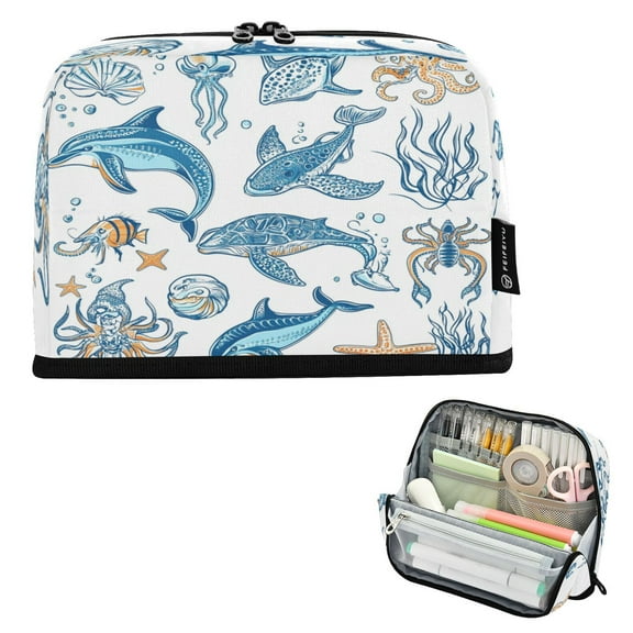 Standing Pencil Case with Base Large Capacity Stationery Pouch Pen Bag with Zipper for Women Men Ocean-themed Pattern