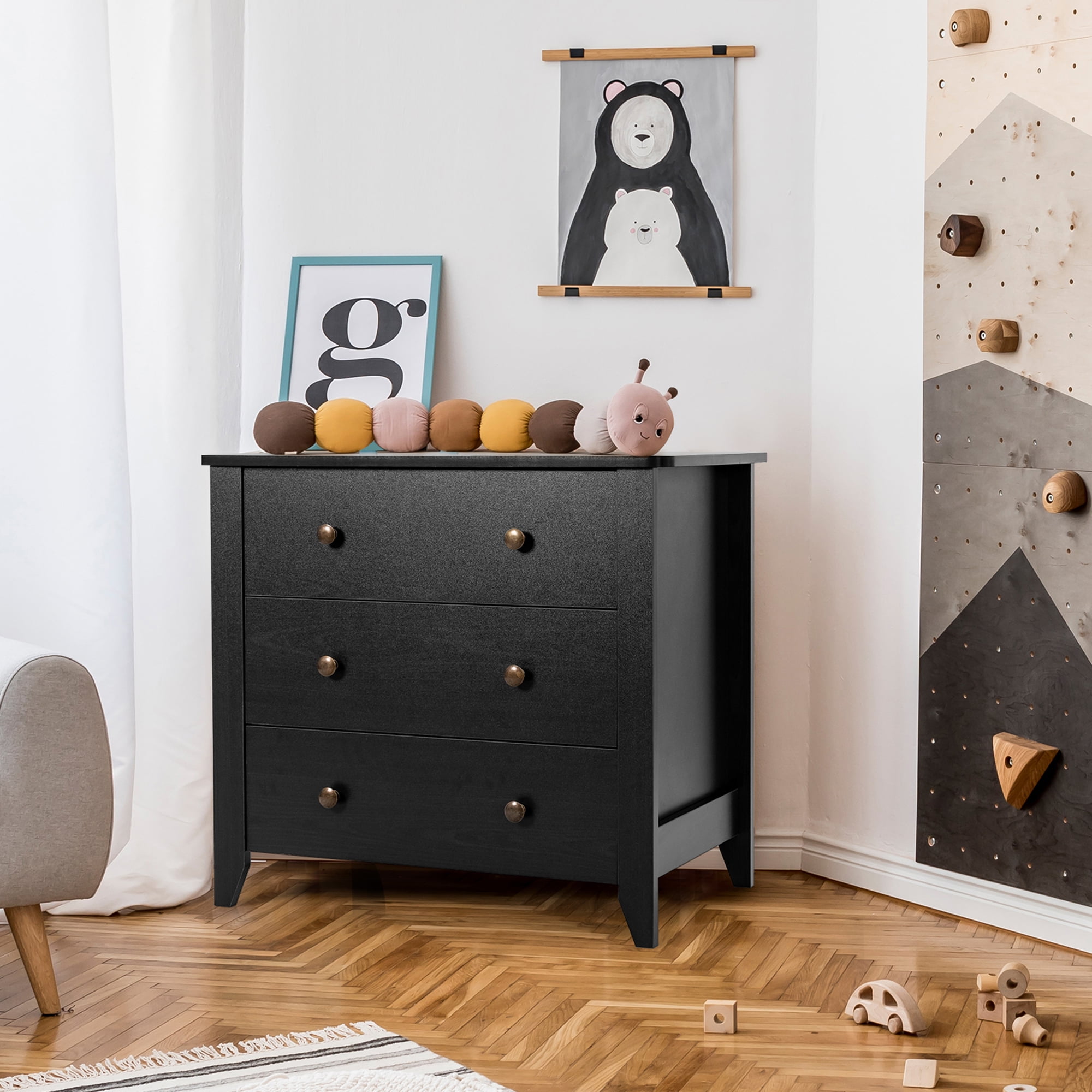 Gymax 3 Drawer Dresser Chest of Drawers Bedside Table for Living Room Bedroom Black