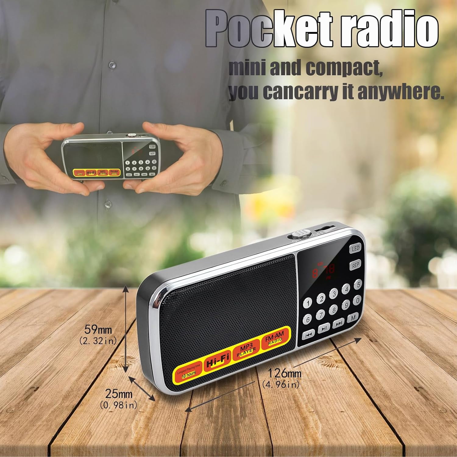 Portable AM/FM Radio with MP3 Player Support, USB/TF Card Playback, Rechargeable Battery, Excellent Reception & Sound Quality, Compact Design with Flashlight for Outdoor Use